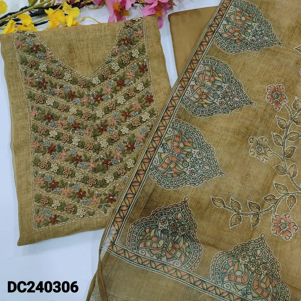 CODE DC240306: Mehandhi green with golden tint premium tissue linen unstitched salwar material heavy hand embroidered