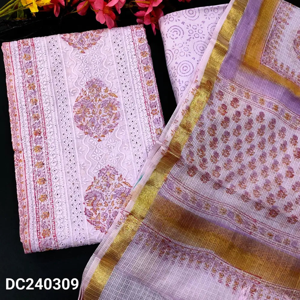 CODE DC240309: Lavender block printed chikankari embroidered mul cotton unstitched salwar material panel pattern