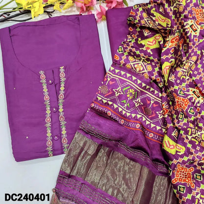 CODE DC240401: Bright purple designer pure dola silk unstitched salwar material fancy buttons &embroidered on yoke