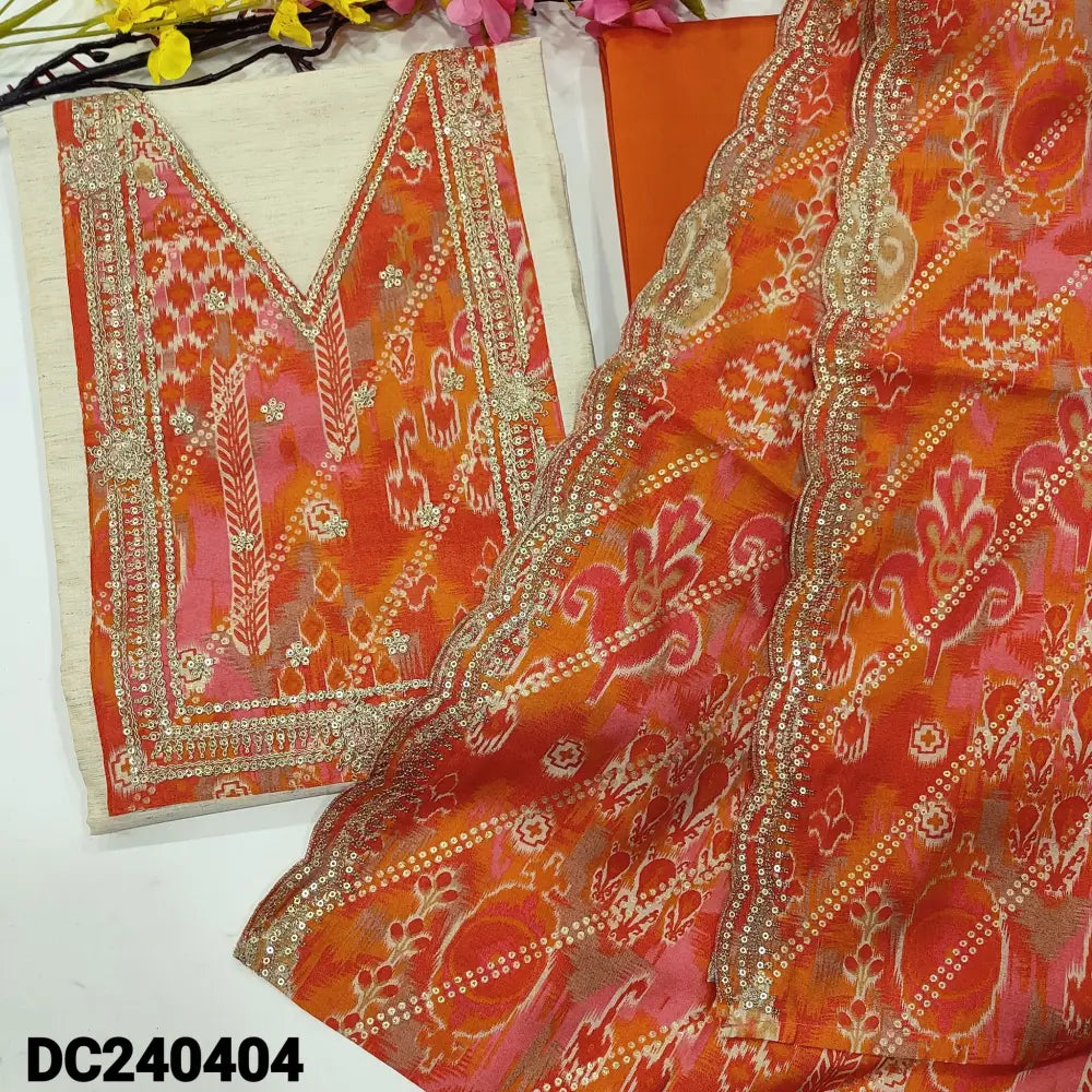 CODE DC240404: Rich beige semi raw silk unstitched salwar material printed v neck zari& sequins work on yoke&