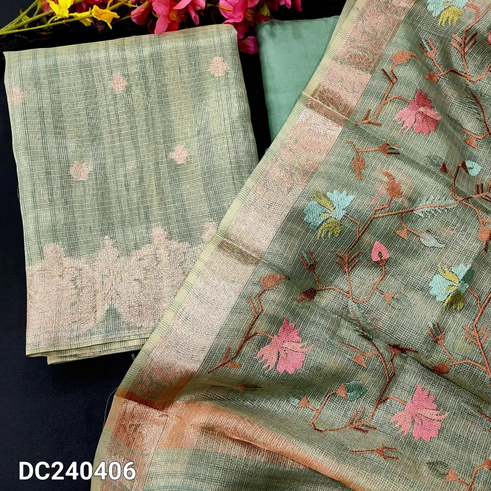 CODE DC240406: Sea green with golden tint designer tissue silk cotton unstitched salwar material zari buttas