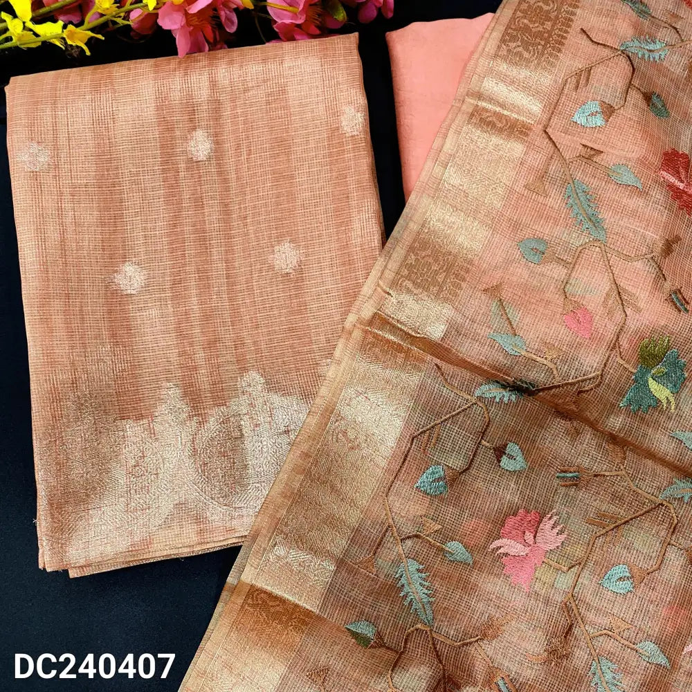 CODE DC240407: Pastel peach with golden tint designer tissue silk cotton unstitched salwar material zari buttas