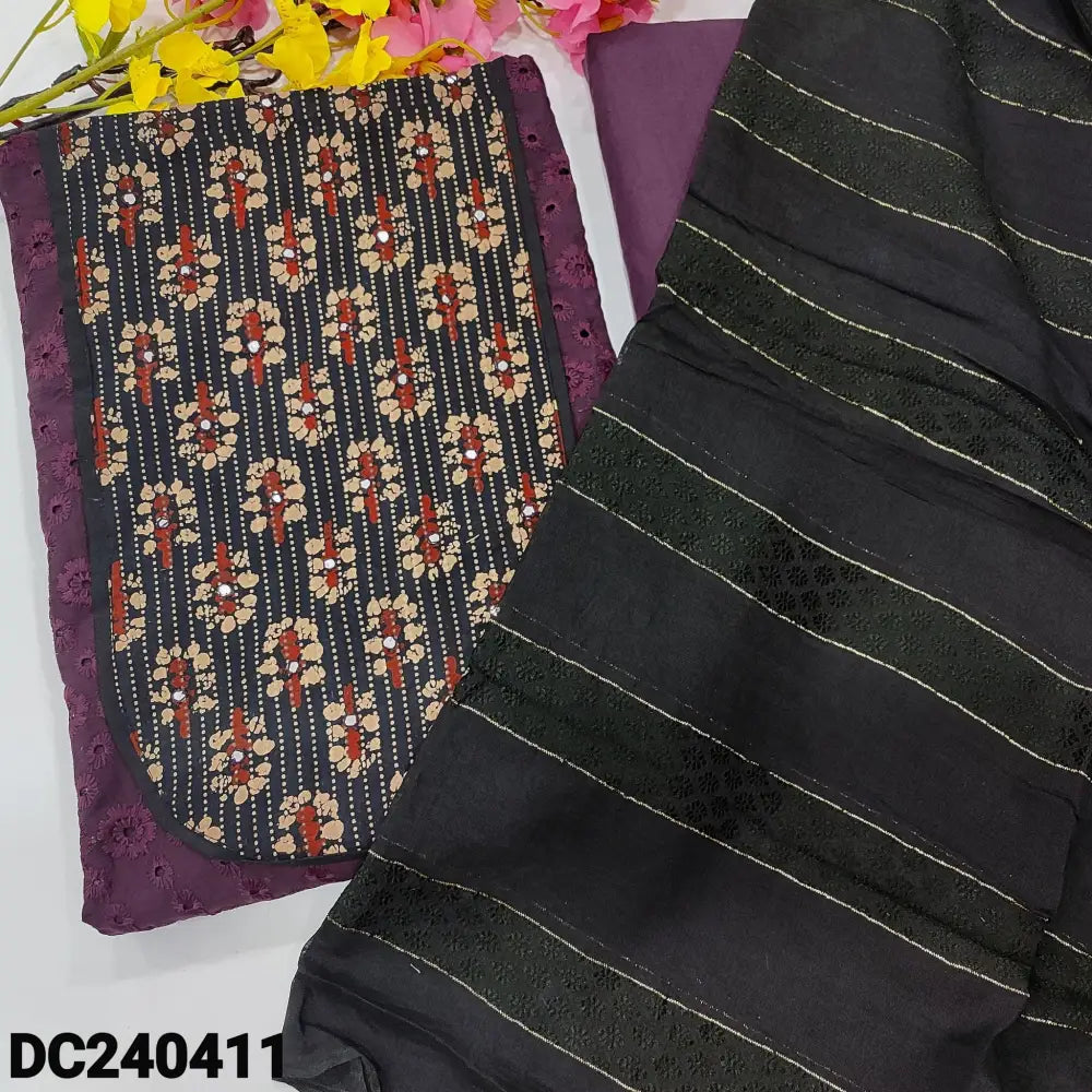 CODE DC240411: Deep wine purple schiffli embroidered cotton unstitched salwar material ajrak printed yoke patch