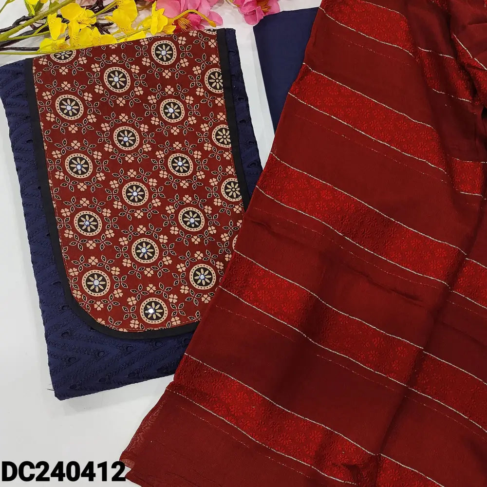 CODE DC240412: Dark blue schiffli embroidered cotton unstitched salwar material ajrak printed yoke patch with faux
