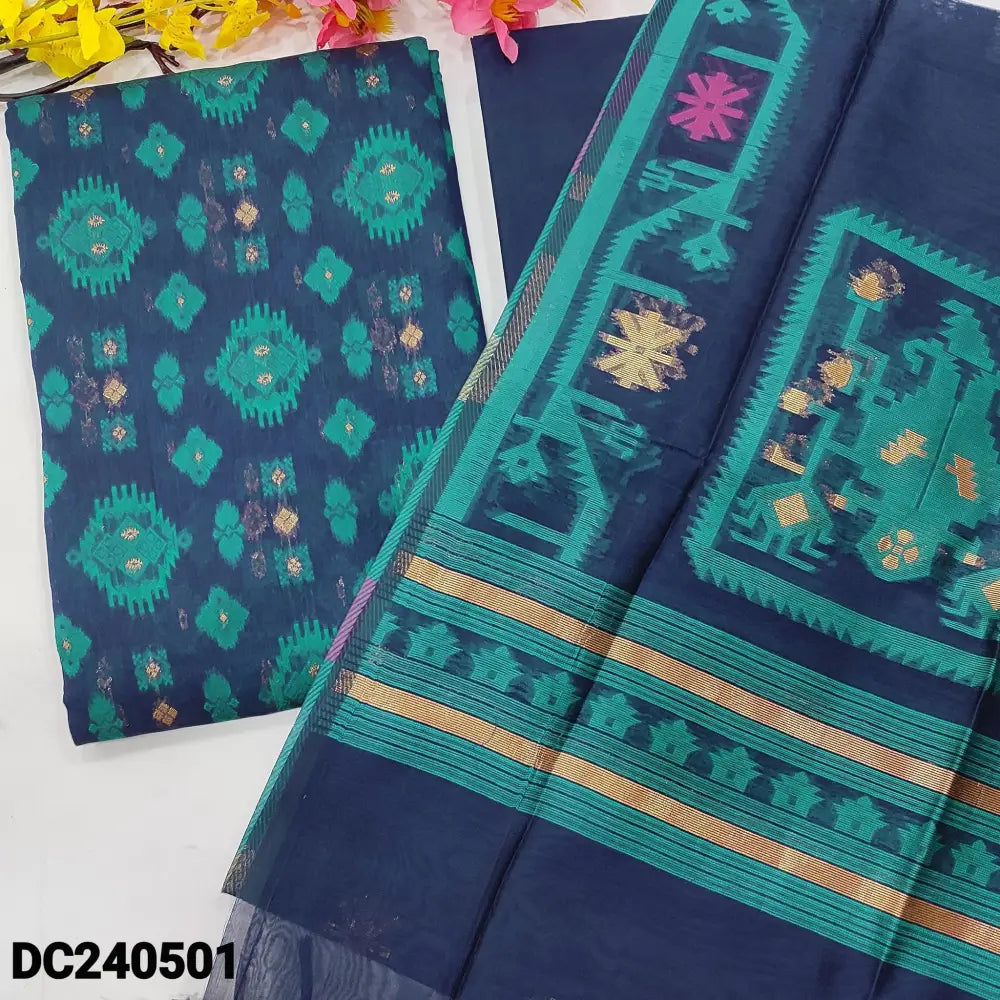 CODE DC240501: Dark blue designer jamdani woven premium silk cotton unstitched salwar material(thin fabric lining