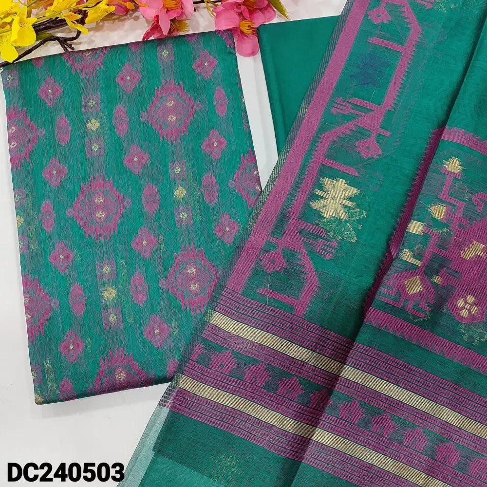 CODE DC240503: Peacock green designer jamdani woven premium silk cotton unstitched salwar material(thin fabric lining