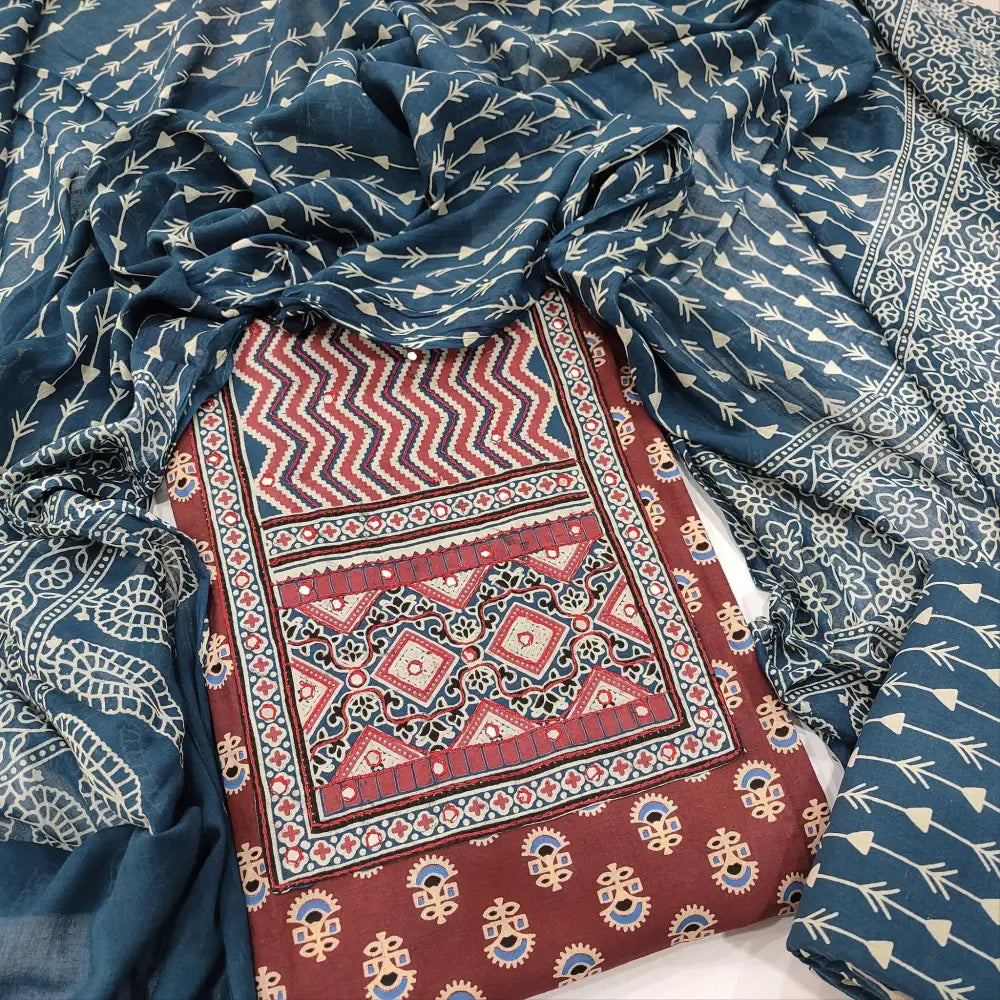 CODE DC240507: Maroon block printed pure soft cotton unstitched salwar material faux mirror work on yoke(lining