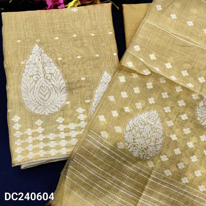 CODE DC240604: Yellowish beige jamdani woven premium silk cotton unstitched salwar material(thin fabric lining