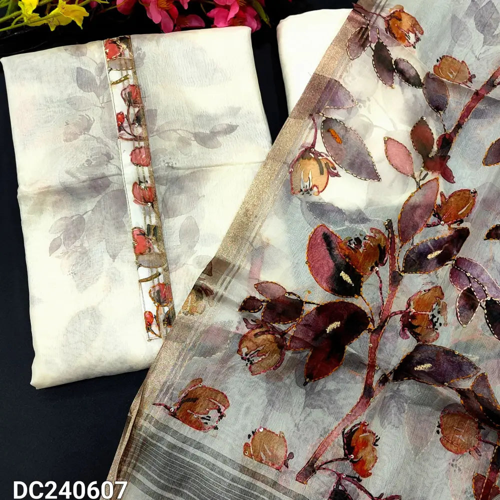 CODE DC240607: Half white peachish pink floral printed premium organza unstitched salwar material printed yoke