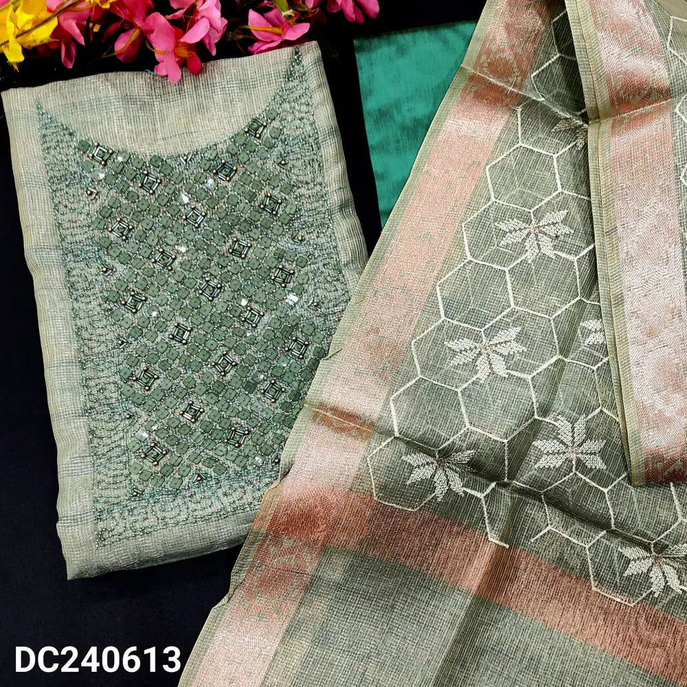 CODE DC240613: Pastel green with golden tint premium tissue silk cotton unstitched salwar material bead work