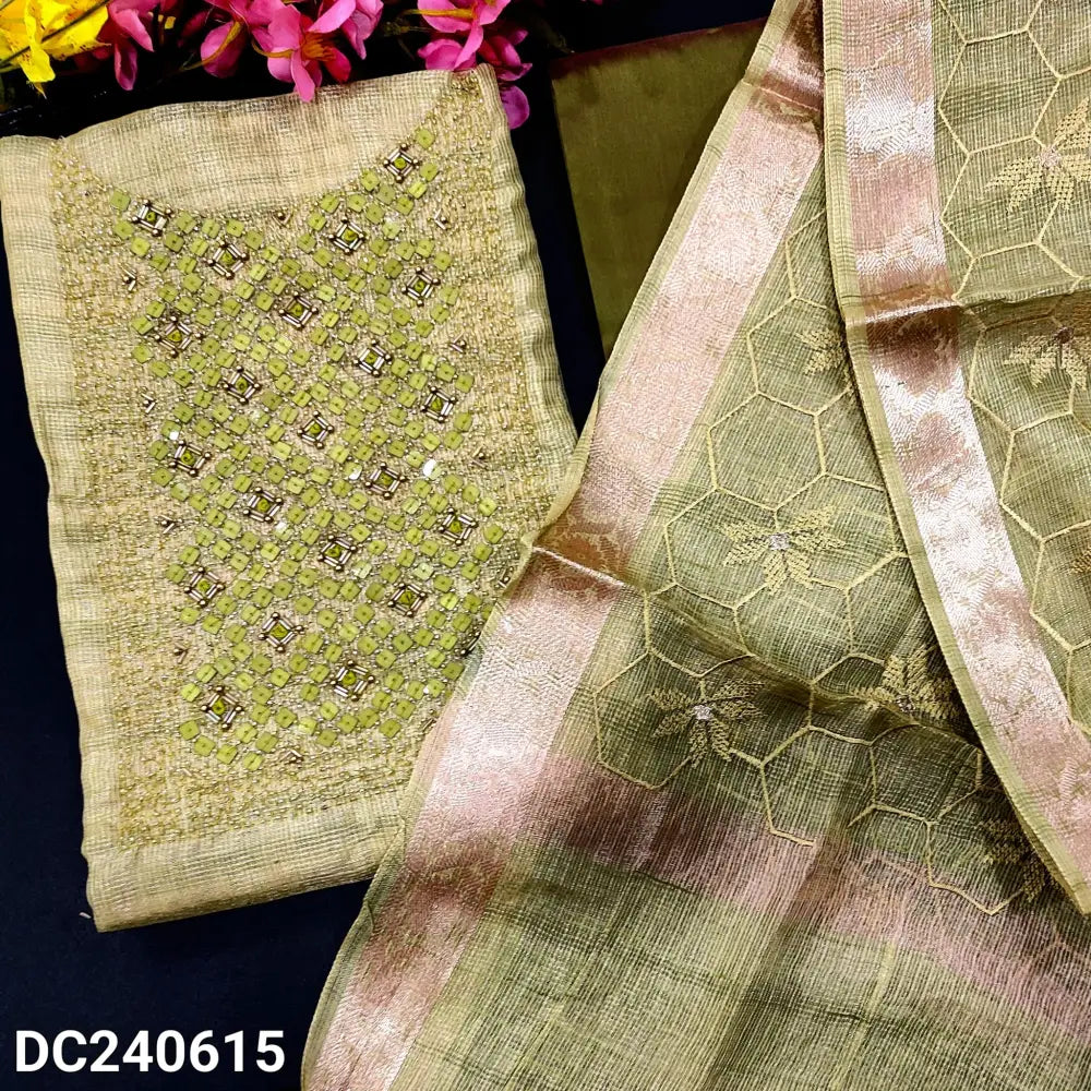 CODE DC240615: Pista green with golden tint premium tissue silk cotton unstitched salwar material rich bead work