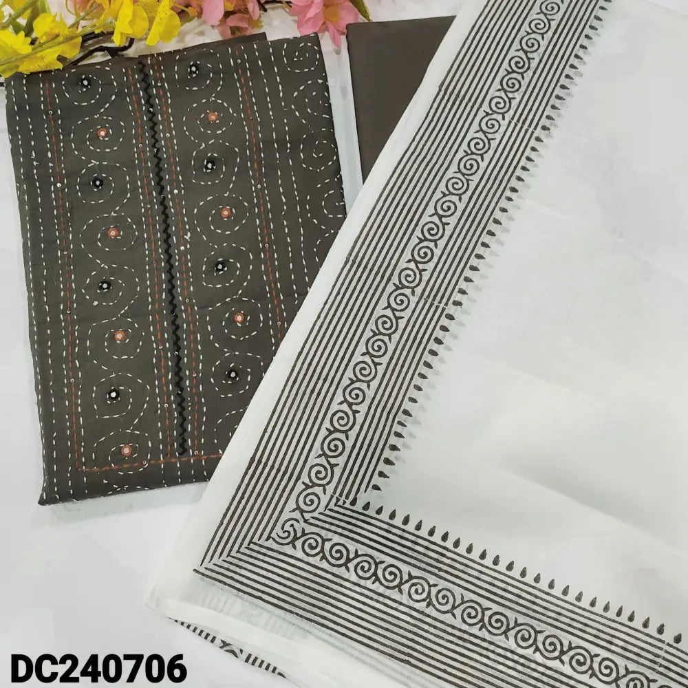 CODE DC240706: Grey pure soft premium cotton unstitched salwar material faux mirror work on yoke(lining needed)matching