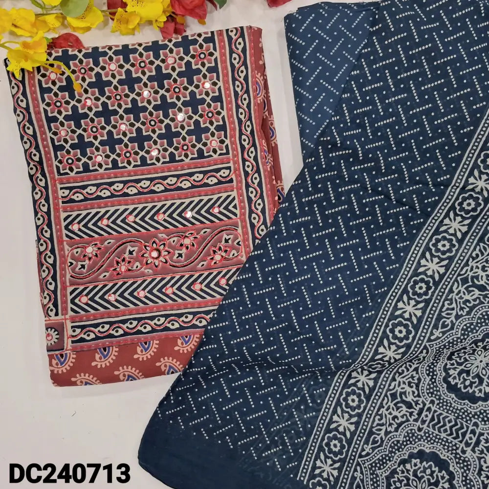 CODE DC240713: Reddish maroon ajrak block printed pure cotton unstitched salwar material faux mirror work