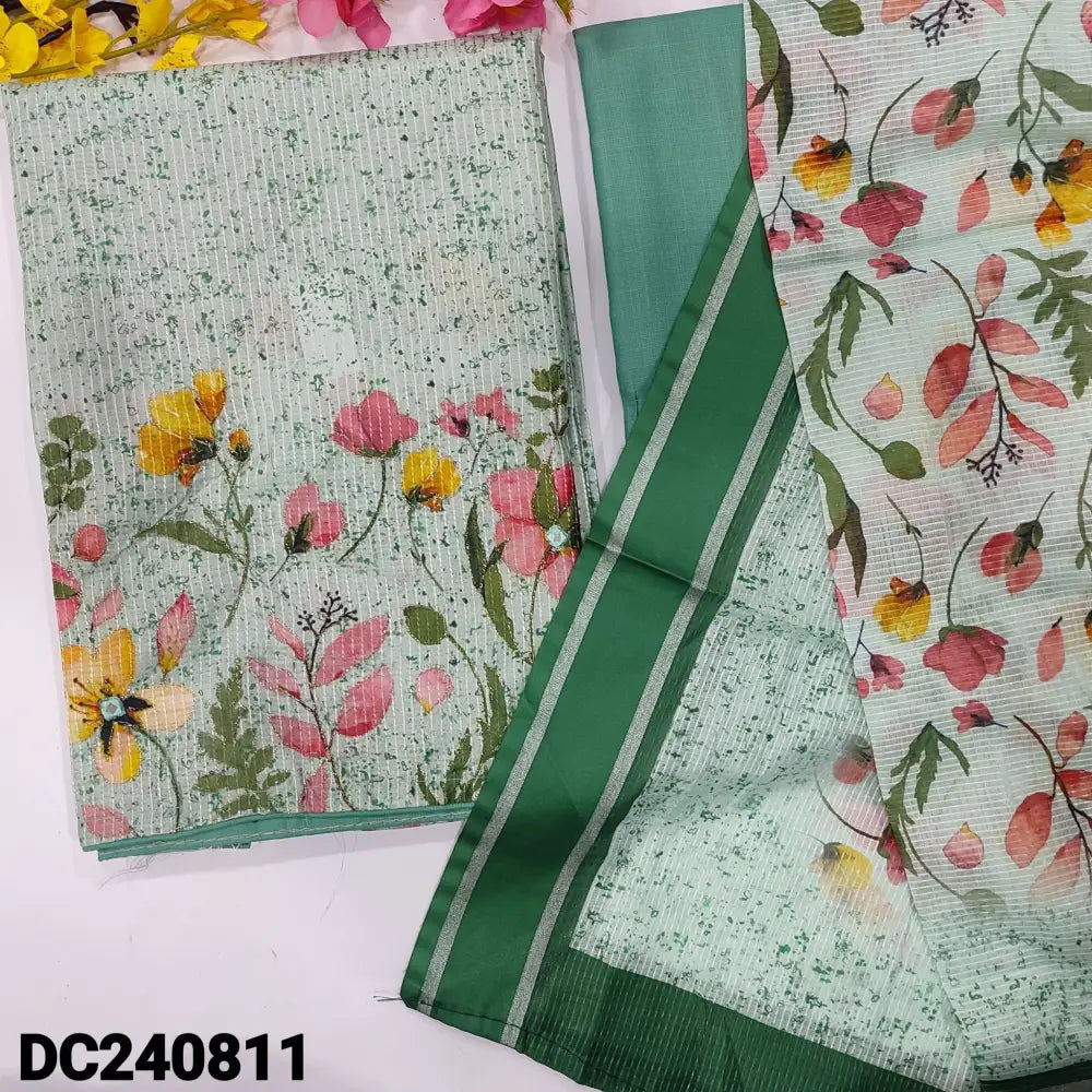 CODE DC240811: Sea green digital printed silk cotton unstitched salwar material fancy buttons on yoke self design