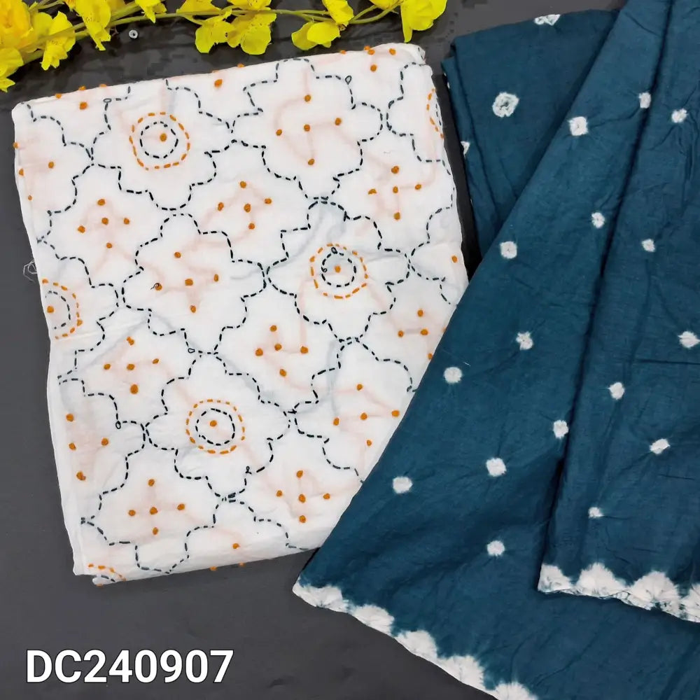 CODE DC240907: White pure cotton unstitched salwar material heavy thread work on front(thin fabric lining needed)teal