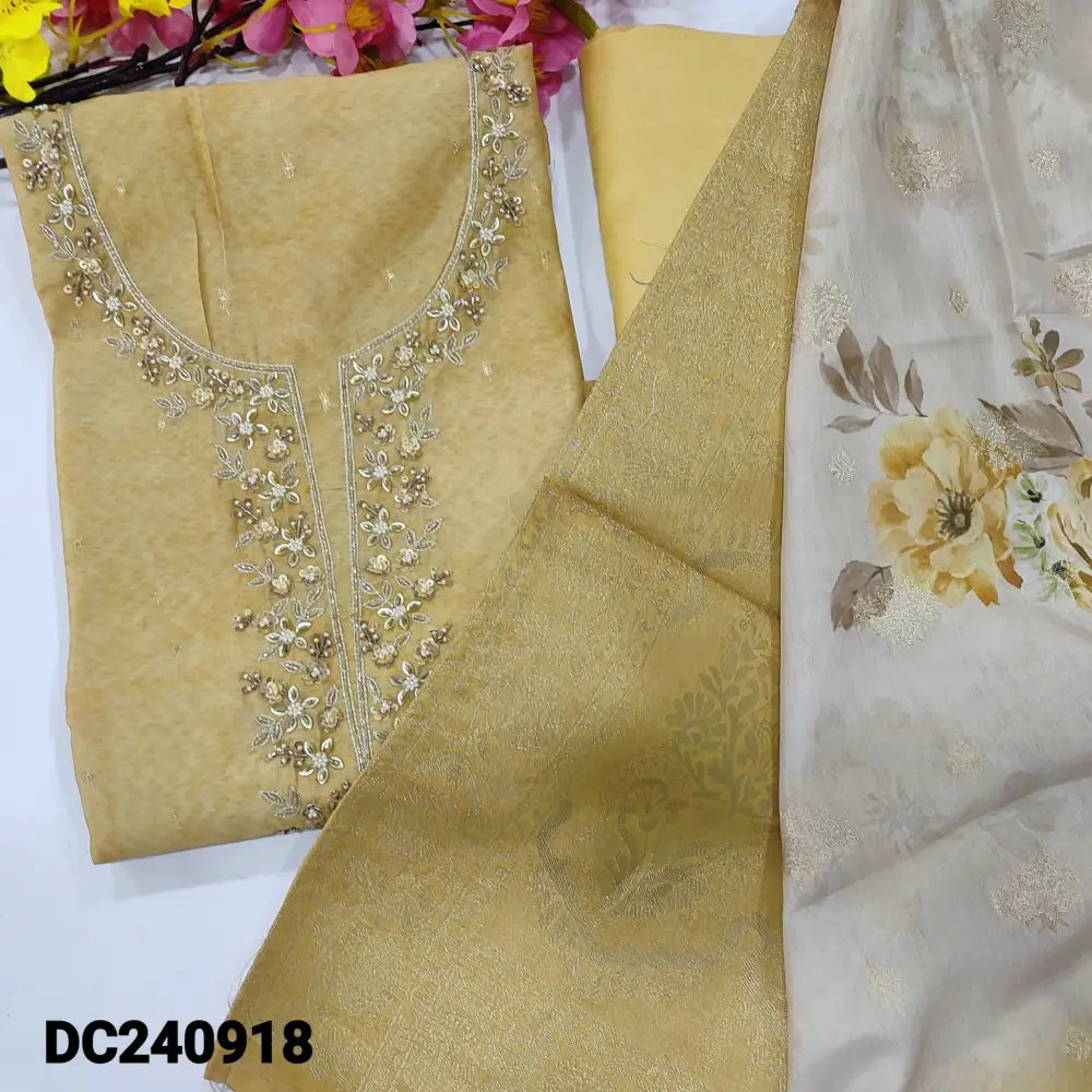 CODE DC240918: Yellowish beige designer digital printed silk cotton unstitched salwar material bead& sequins work