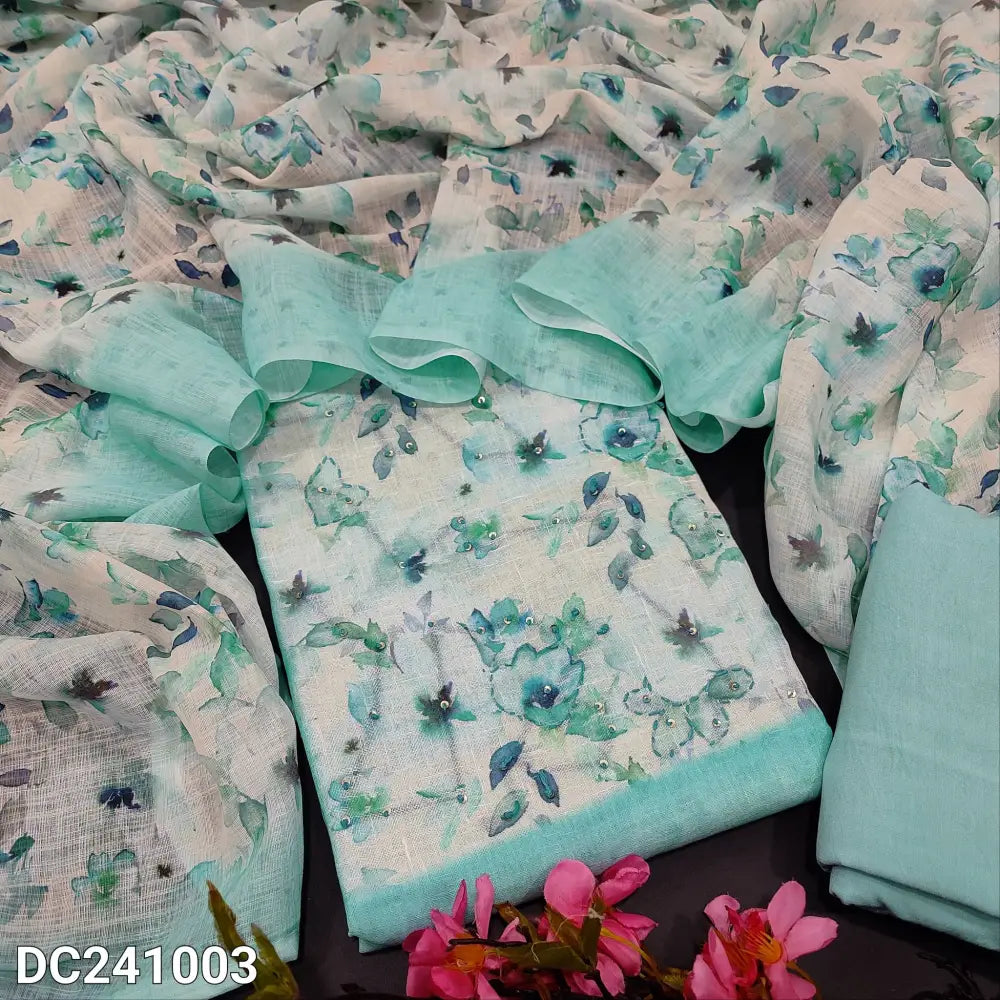 CODE DC241003: Pastel blue printed premium semi linen unstitched salwar material thread& sequins work on yoke(thin