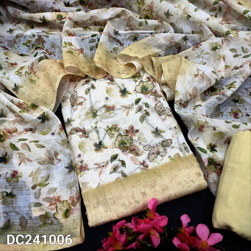 CODE DC241006: Beige printed premium semi linen unstitched salwar material thread& sequins work on yoke(thin fabric