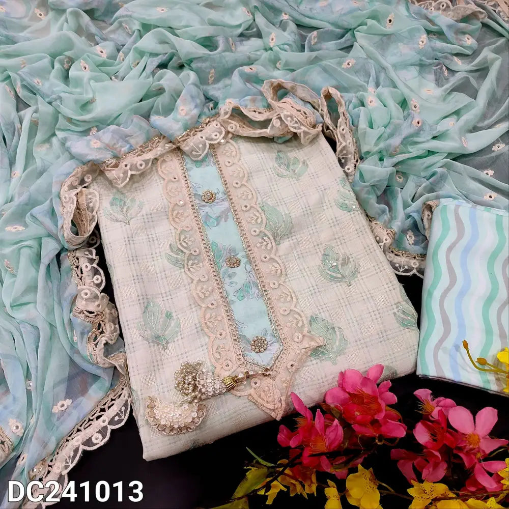 CODE DC241013: Pastel blue jakard silk cotton semi stitched salwar material(STITCH UPTO XL)fancy buttons &lace work