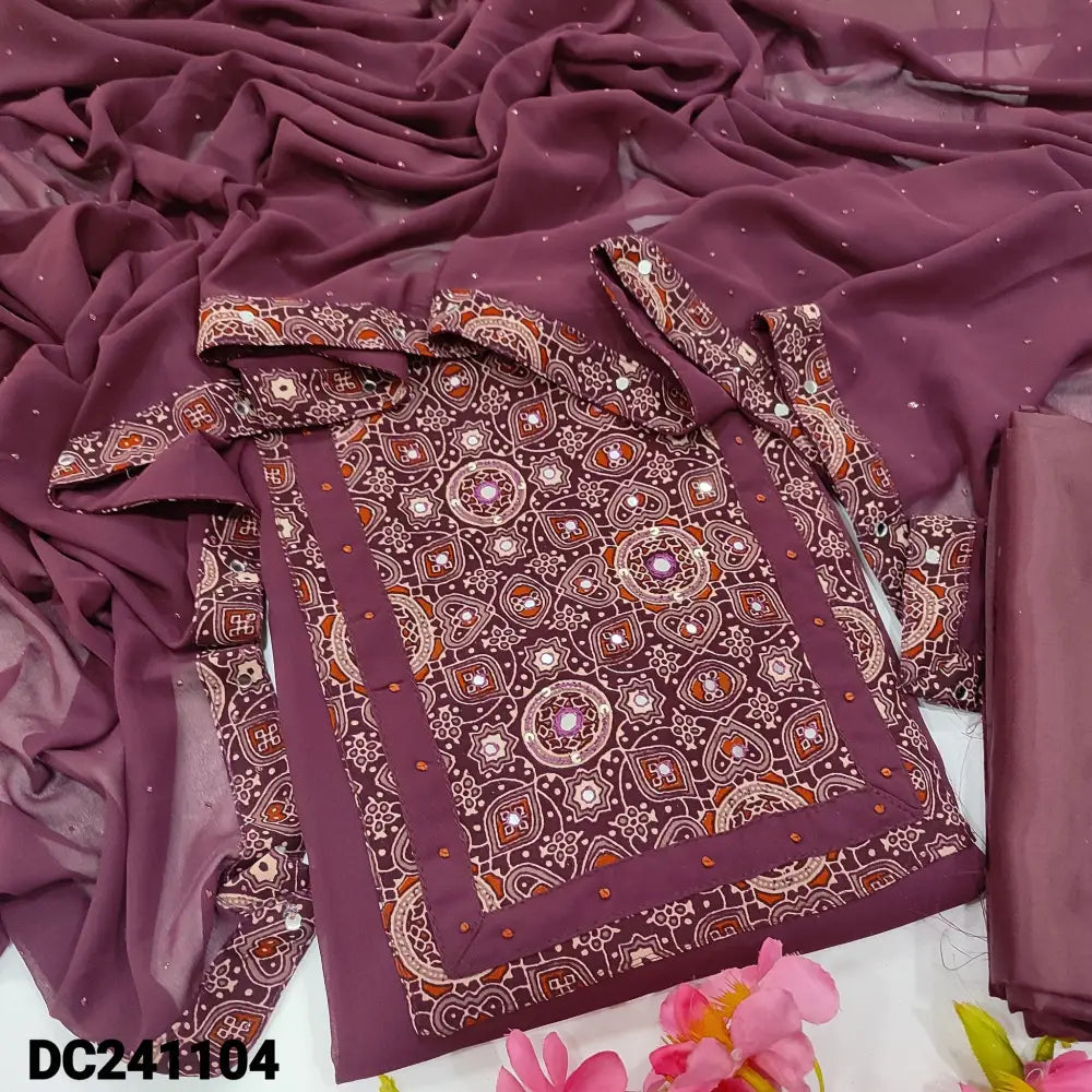 CODE DC241104: Light beetroot purple semi georgette unstitched salwar material ajrak printed yoke with real mirror
