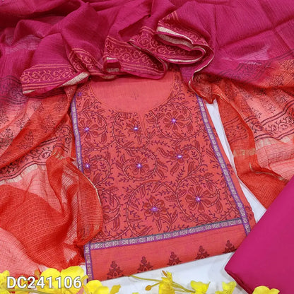 Neidhal peachish pink hand block printed south handloom dress material dc241106