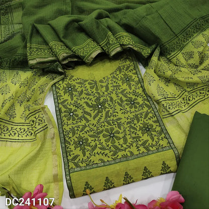 Neidhal tender leaf green hand block printed south handloom cotton dress material dc241107