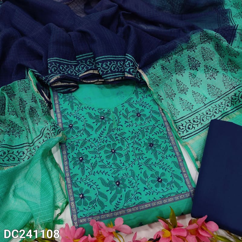 CODE DC241108: Turquoise blue hand block printed south handloom cotton unstitched salwar material mirror thread& zari
