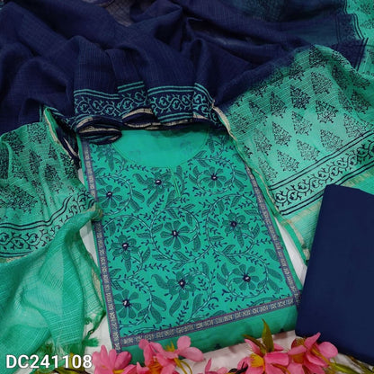 CODE DC241108: Turquoise blue hand block printed south handloom cotton unstitched salwar material mirror thread& zari