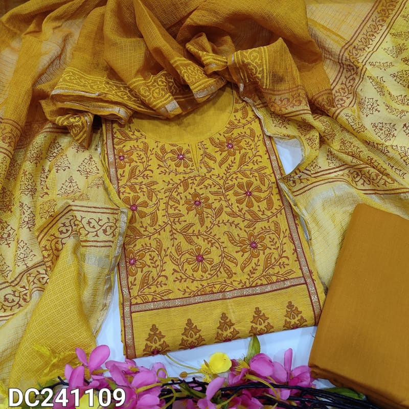 neidhal dark fenugreek yellow hand block printed south handloom cotton dress material dc241109