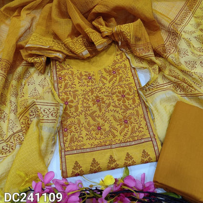 neidhal dark fenugreek yellow hand block printed south handloom cotton dress material dc241109