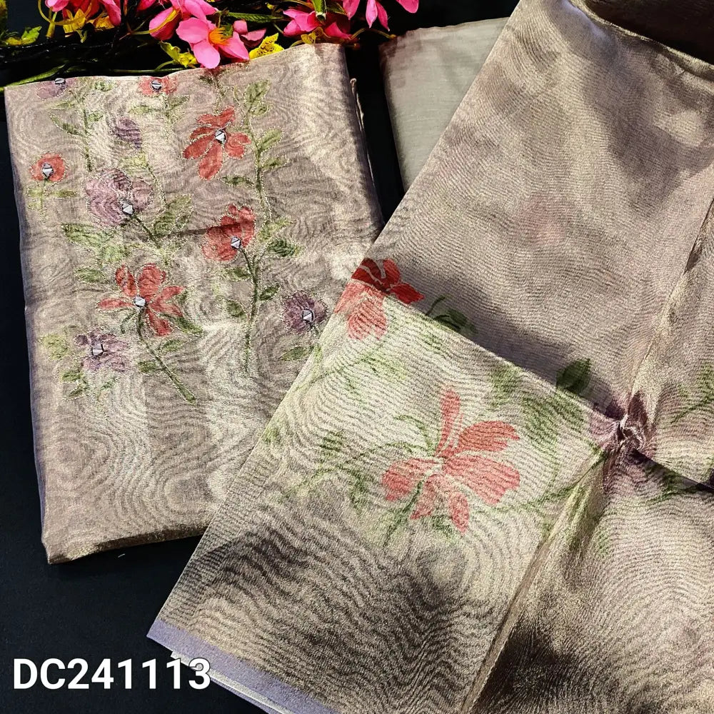 CODE DC241113: Lavender with golden tint digital printed tissue silk cotton unstitched salwar material zari& real