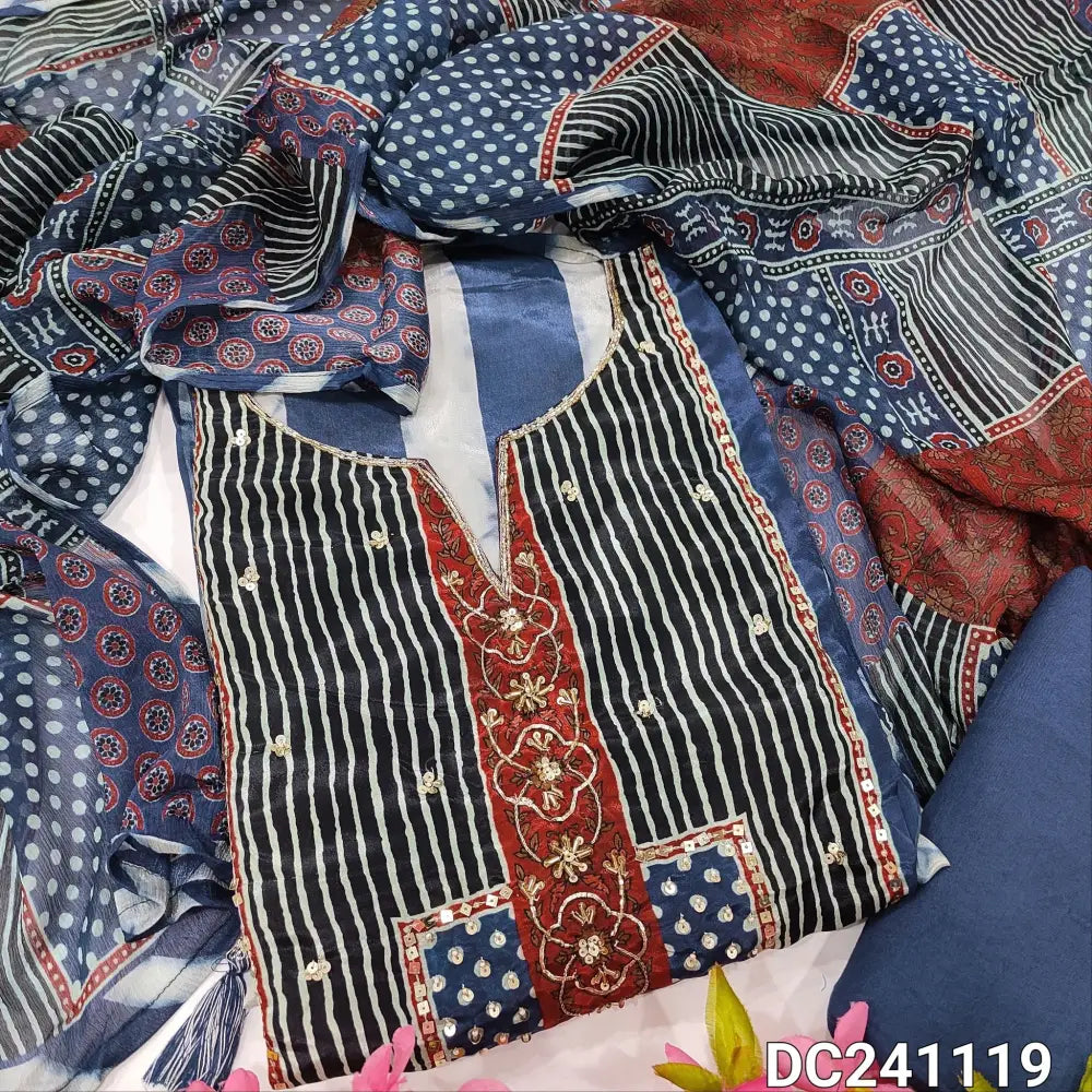 CODE DC241119: Indigo blue vertical printed pure russian silk unstitched salwar material zardozi& sequins work