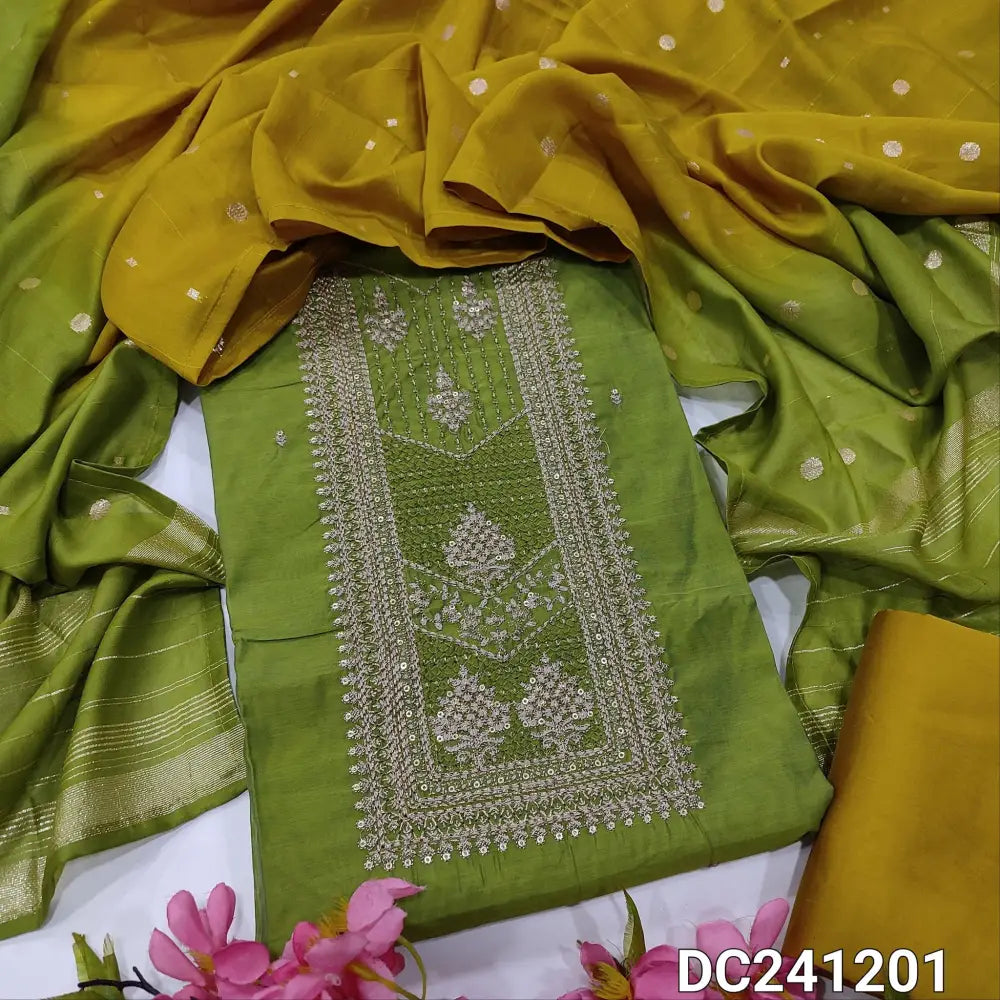 CODE DC241201: Light green fancy silk cotton unstitched salwar material zari& sequins work on yoke& front(thin fabric