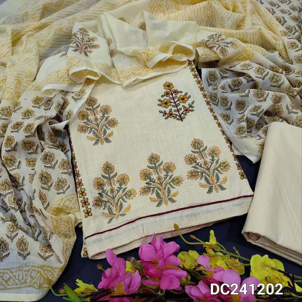 CODE DC241202: Pastel yellow block printed slub cotton unstitched salwar material panel pattern & embroidered