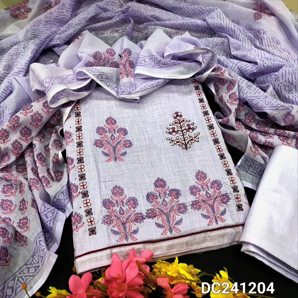 CODE DC241204: Lavender block printed slub cotton unstitched salwar material panel pattern & embroidered