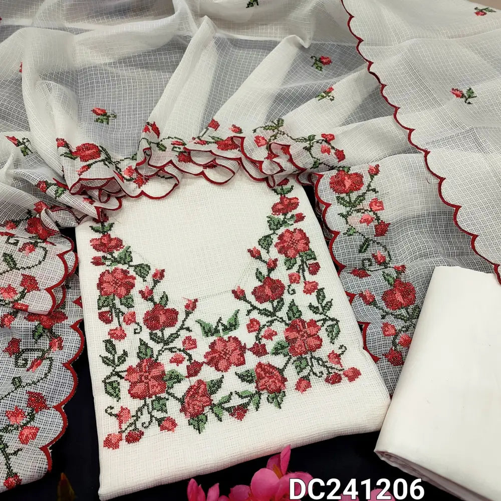 CODE DC241206: Pure white fancy kota unstitched salwar material cross embroidered on yoke(netted fabric lining