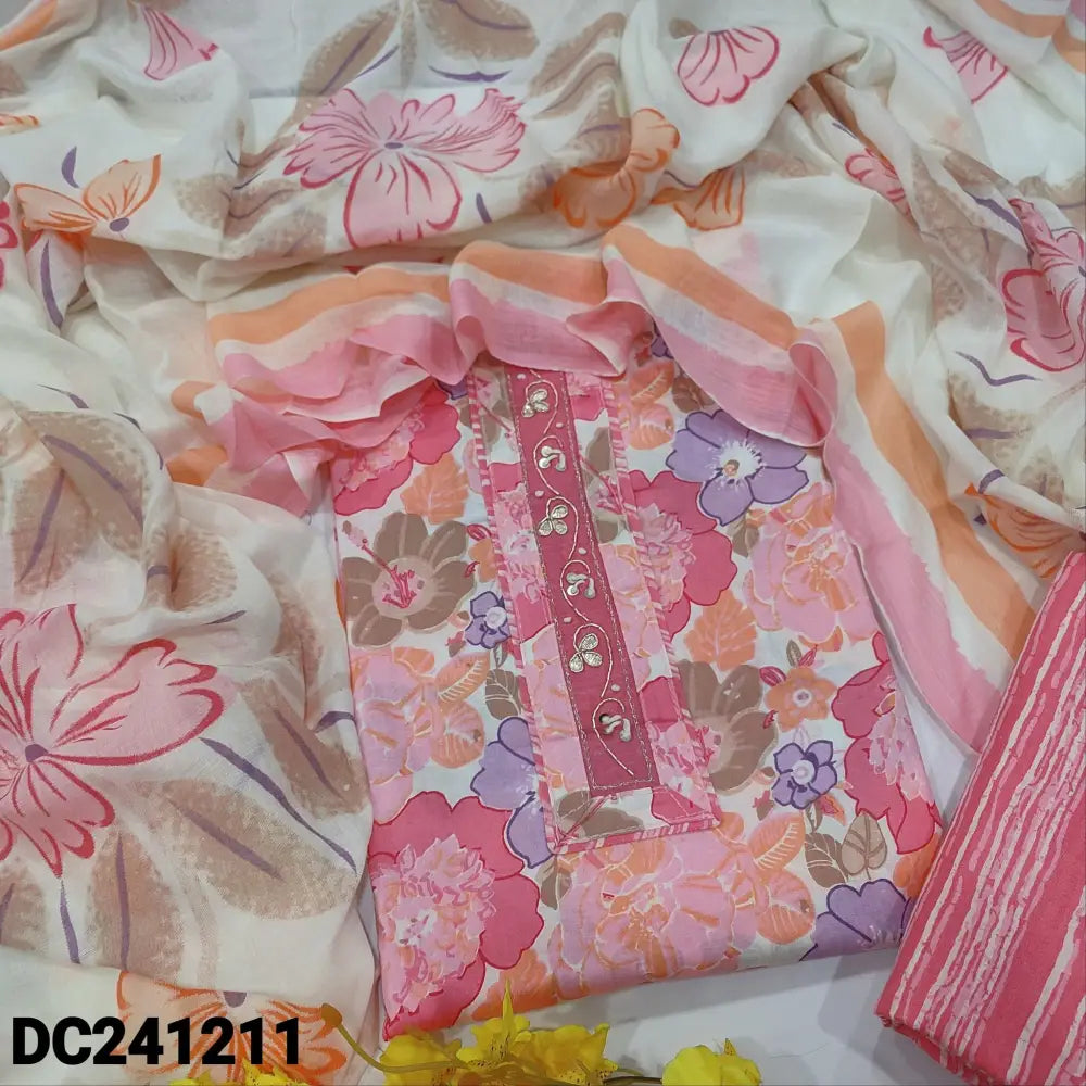 CODE DC241211: Multi color floral printed soft silk cotton unstitched salwar material zardozi& sequins work