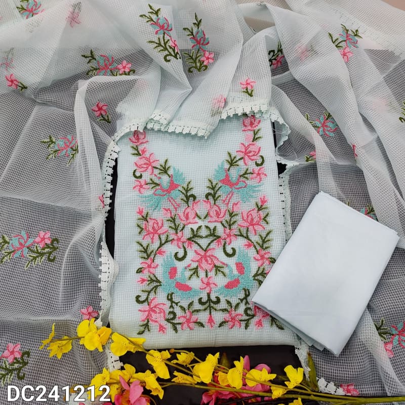 CODE DC241212: Pastel blue fancy super net unstitched salwar material cross stitched embroidered on yoke(netted fabric