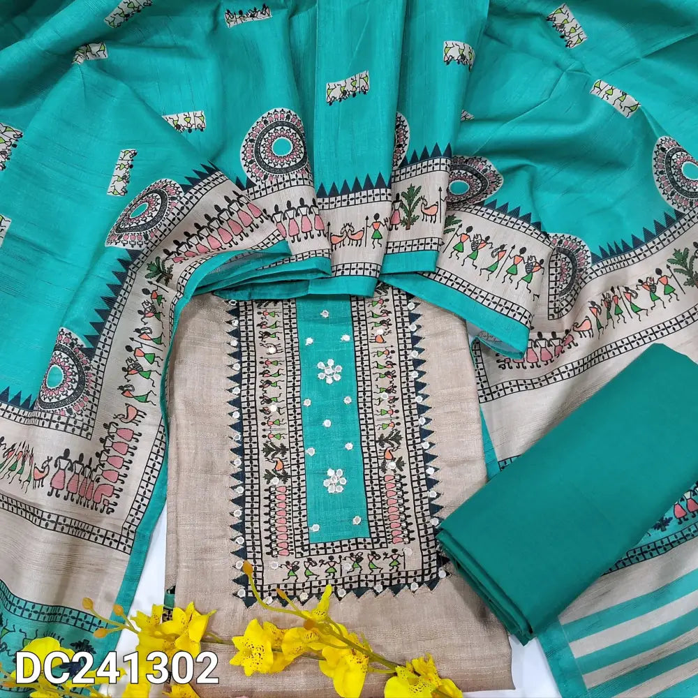 CODE DC241302: Light greyish beige semi gicha unstitched salwar material warli printed with faux mirror work