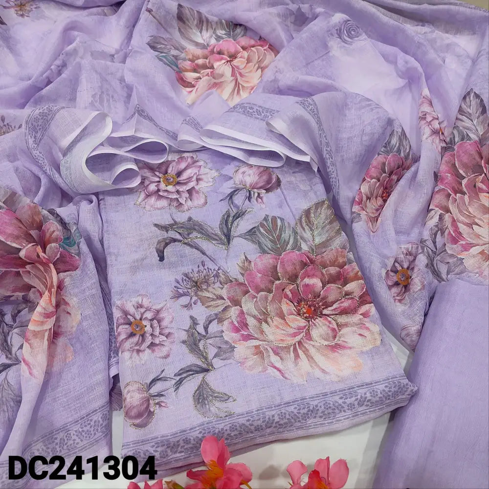 CODE DC241304: Lavender floral printed semi linen unstitched salwar material bead work on yoke(thin fabric lining