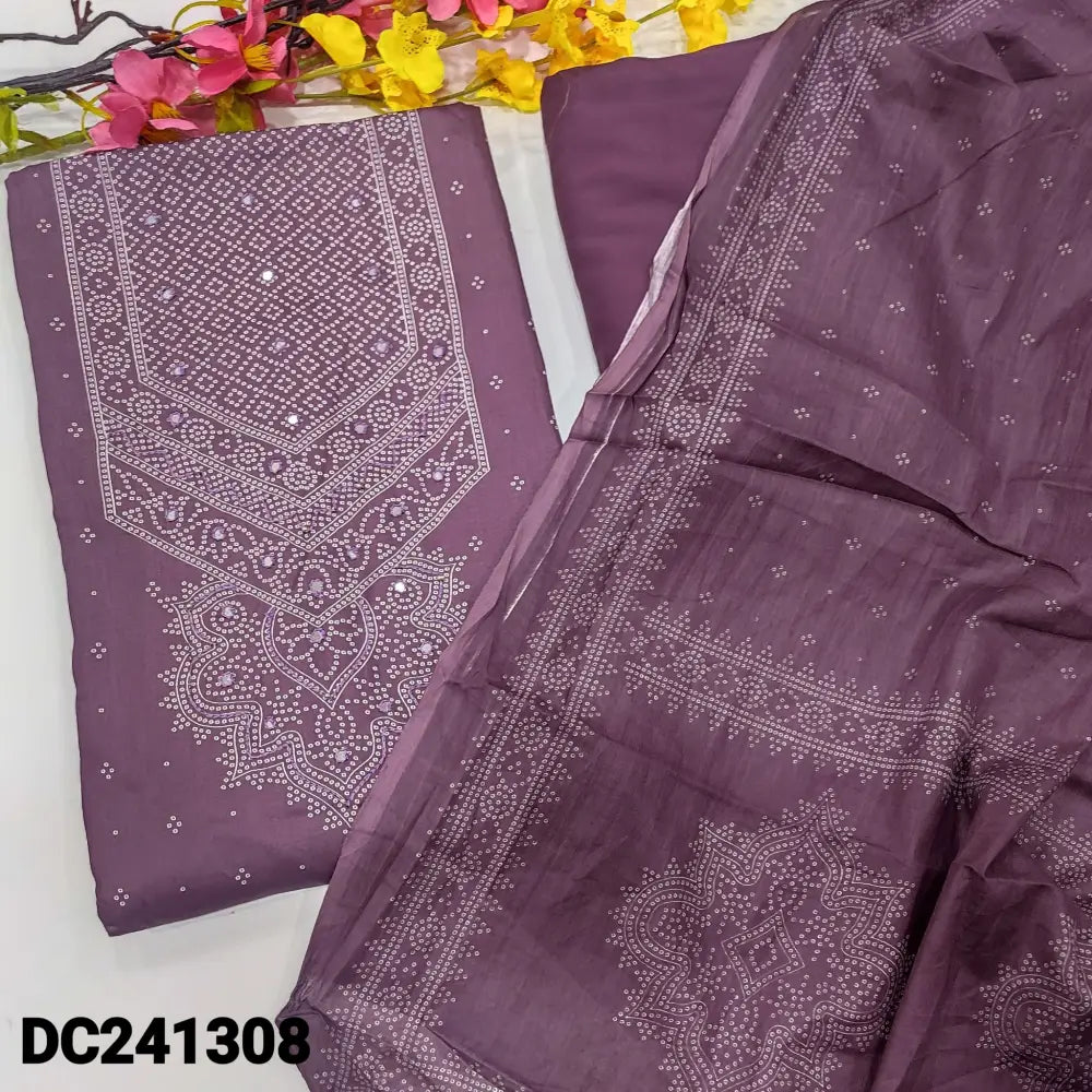 CODE DC241308: Dark mauve bandhini printed satin cotton unstitched salwar material faux mirror work on yoke(thin fabric