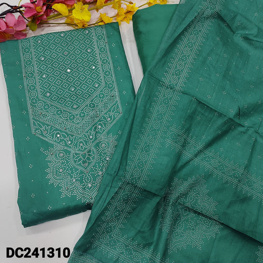 CODE DC241310: Light teal green bandhini printed satin cotton unstitched salwar material faux mirror work on yoke(thin