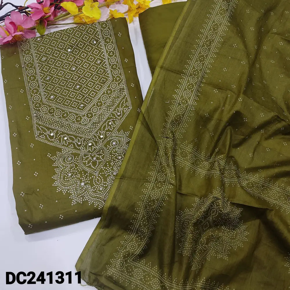 CODE DC241311: Olive green bandhini printed satin cotton unstitched salwar material faux mirror work on yoke(thin