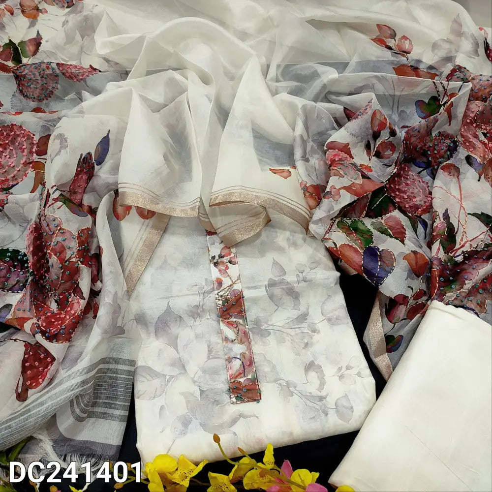 CODE DC241401: Half white designer digital printed organza unstitched salwar material thread work on yoke(thin fabric