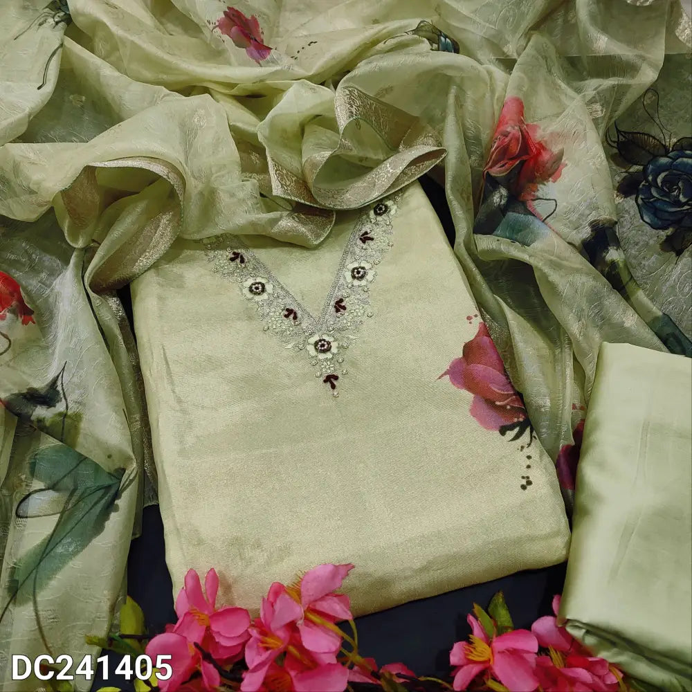 CODE DC241405: Pastel green with golden tint digital printed premium tissue silk cotton unstitched salwar material