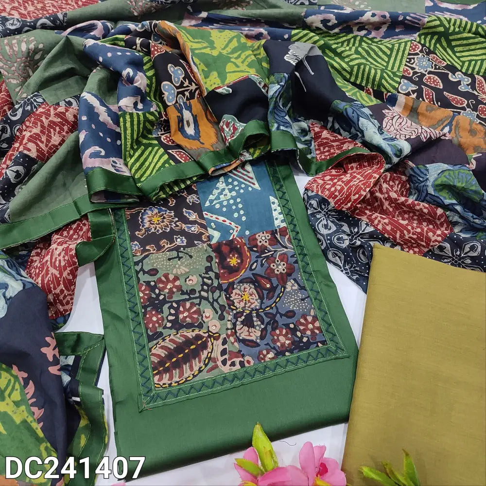 CODE DC241407: Dark green satin cotton unstitched salwar material ajrak yoke patch with hand embroidered(lining