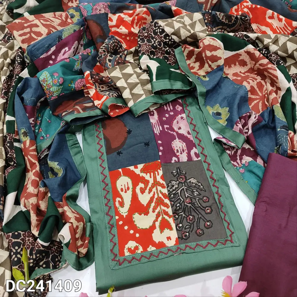 CODE DC241409: Cement green satin cotton unstitched salwar material ajrak yoke patch with hand embroidered(lining