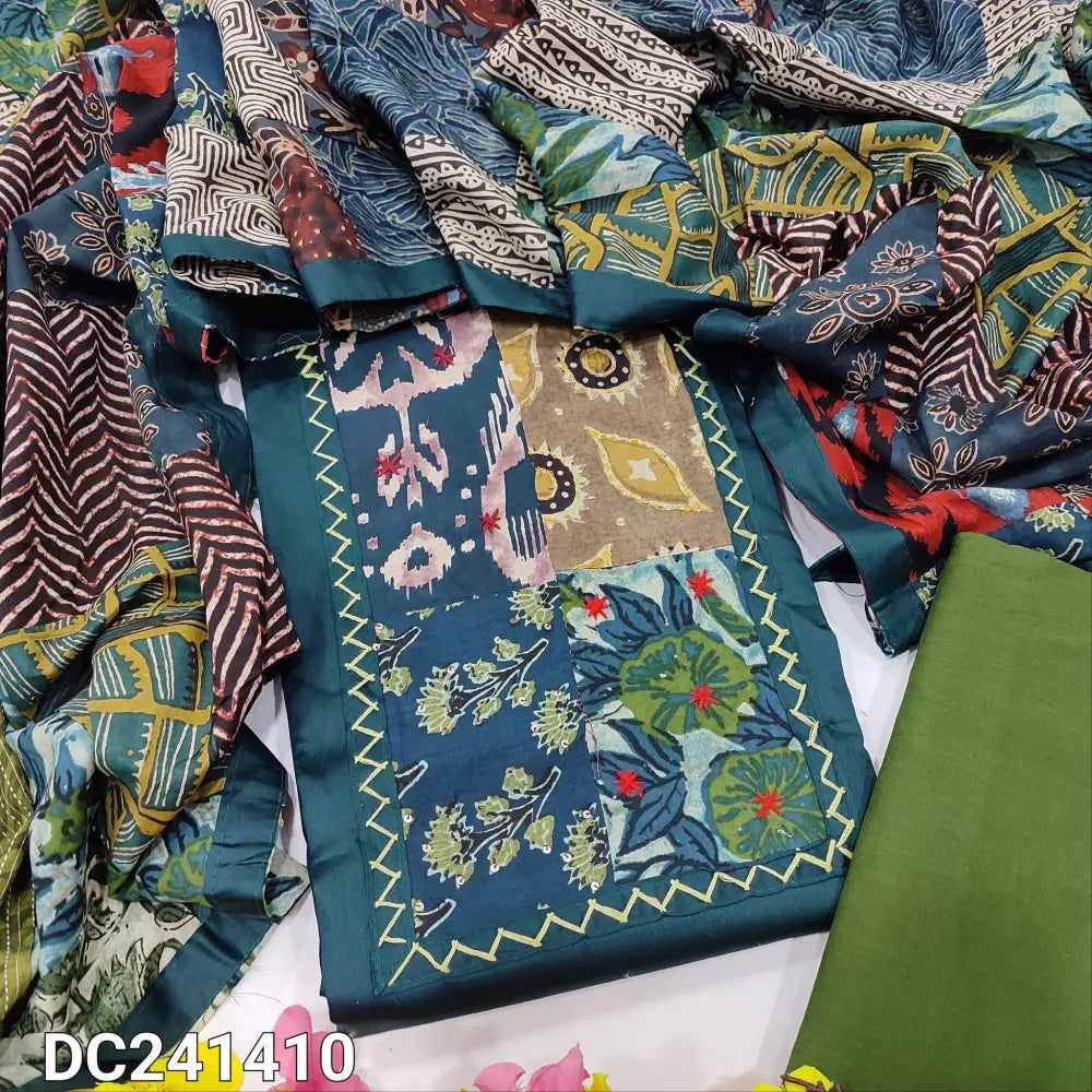 CODE DC241410: Dark teal blue satin cotton unstitched salwar material ajrak yoke patch with hand embroidered(lining