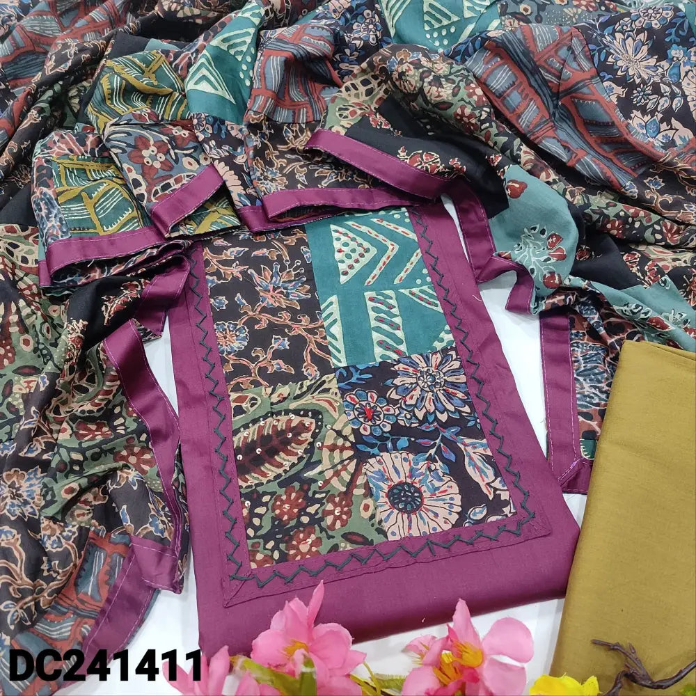 CODE DC241411: Dark beetroot purple satin cotton unstitched salwar material ajrak yoke patch with hand