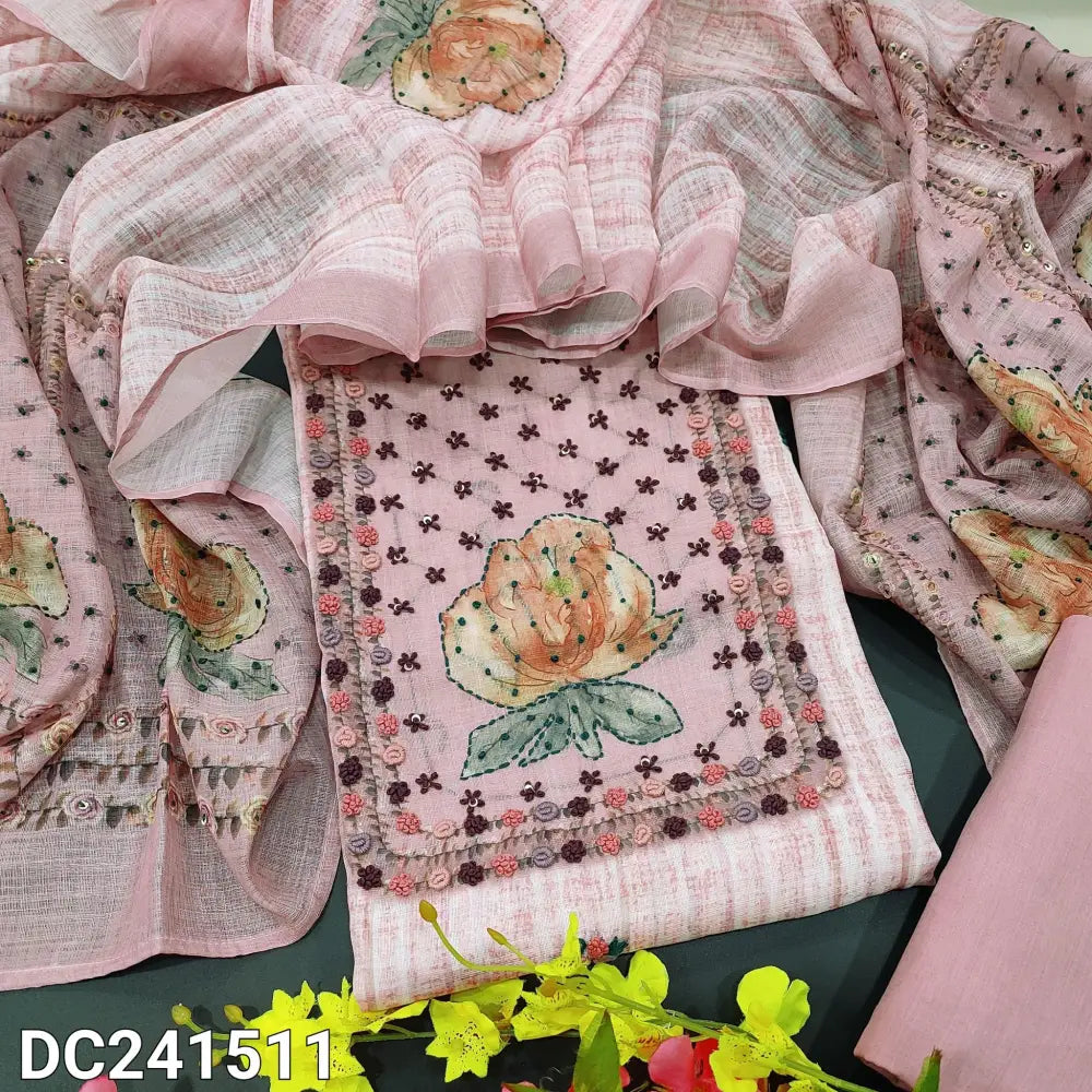 CODE DC241511: Pastel pink semi linen unstitched salwar material rich hand embroidered on yoke& front(lining